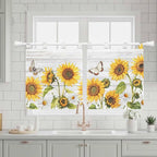Yellow Sunflowers Kitchen Curtains 24 Inch Length, Small Window Curtains Tab Top, Vintage Country Flowers Butterfly Wood Board Light Filtering Short Window Treatments Tier Drapes 27.5"x24" 2 Panel