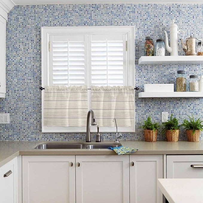 Vintage Country Wooden Board Window Valance Curtains, Gradient Wood Grain Line Light Filtering Kitchen Valance with 3-inch Rod Pocket for Living Room Bathroom Bedroom,2 Panel,27.5x36In