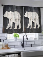 Sheer Curtains 45 Inch Length, White Brown Bear Semi Sheer Curtains Light Filtering Window Treatment, Rustic Counrty Vintage Wood Grain Privacy Voile Drapes for Living Room Bedroom 52x45 Inch