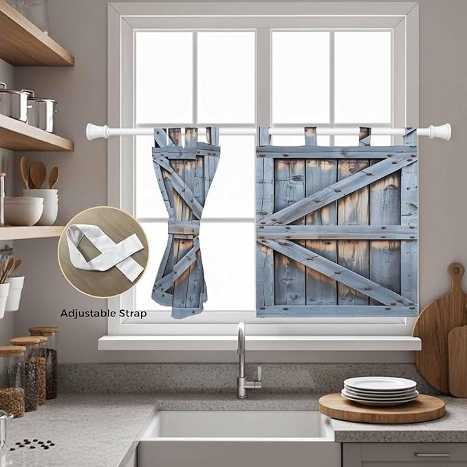 Farmhouse Wood Grain Kitchen Curtains 24 Inch Length, Small Window Curtains Tab Top, Vintage Country Barn Gate Textured Light Filtering Short Window Treatments Tier Drapes 27.5"x24" 2 Panel