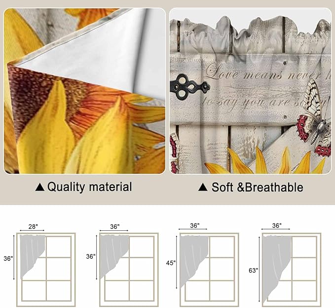 Red Yellow Sunflowers Swag Valances for Windows, Retro Rustic Barn Doors Butterfly Brown Rod Pocket Kitchen Curtains Valance, Kitchen Window Curtains Swag for Cafe Living Room, 2 Panels, 36x63 inch