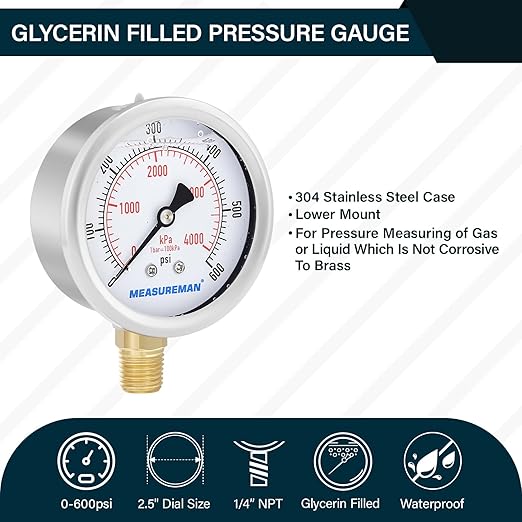 MEASUREMAN 2-1/2inch Dial Size, Oil Filled Pressure Gauge, 0-600psi/4000kpa, 304 Stainless Steel Case, 1/4inchNPT Lower Mount