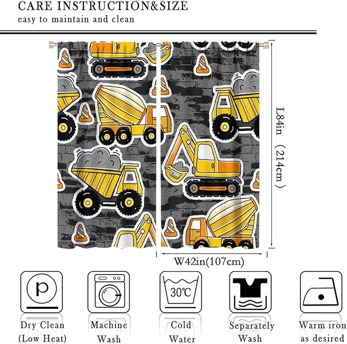 Kids Construction Excavator Window Curtains, Yellow Excavator Transporter Truck Cartoon Vehicles Rod Pocket Decorative Window Curtain for Children Teens Room 84x84in (30% Blackout)
