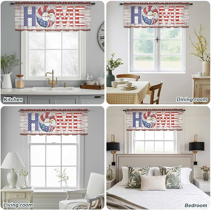 4th of July Sheer Valances for Windows 42"x12", Light Filtering Kitchen Curtains Valance, Stars Striped Farmhouse American Flag Wood Grain Rod Pocket Chiffon Curtains for Living Room Bedroom Cafe