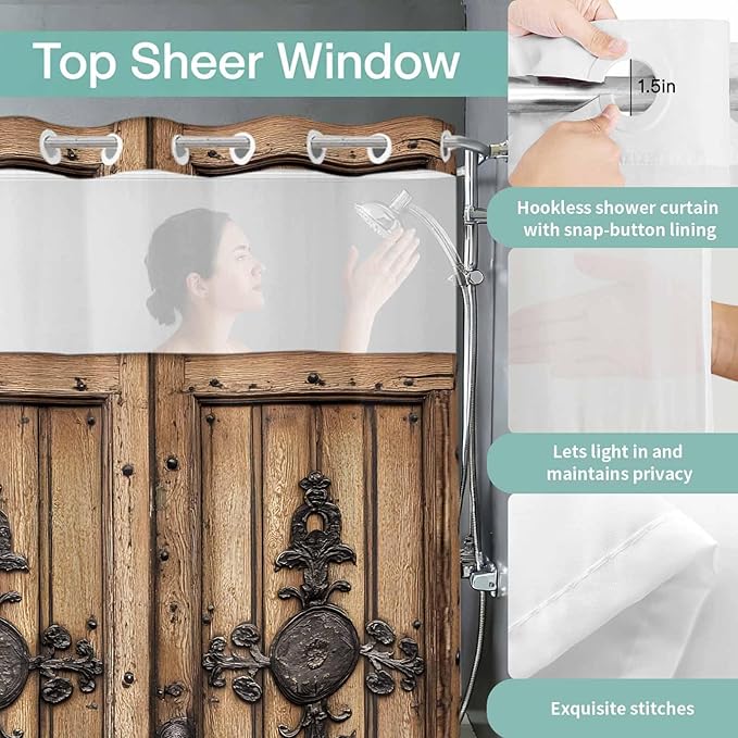 Wood Barn Door No Hook Shower Curtain with Snap in Liner Set, Waterproof Shower Curtains for Bathroom, Wooden Plank Fabric Shower Curtain, See Through Mesh Top Window, 36" W x 72" L