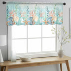 Summer Beach Sheer Valance Curtains, Green Ocean Colorful Coral Shell Seaweed Starfish Light Filtering Kitchen Valances Rod Pocket Voile Curtain Treatment for Bedroom/Living Room/Basement 42Wx12L
