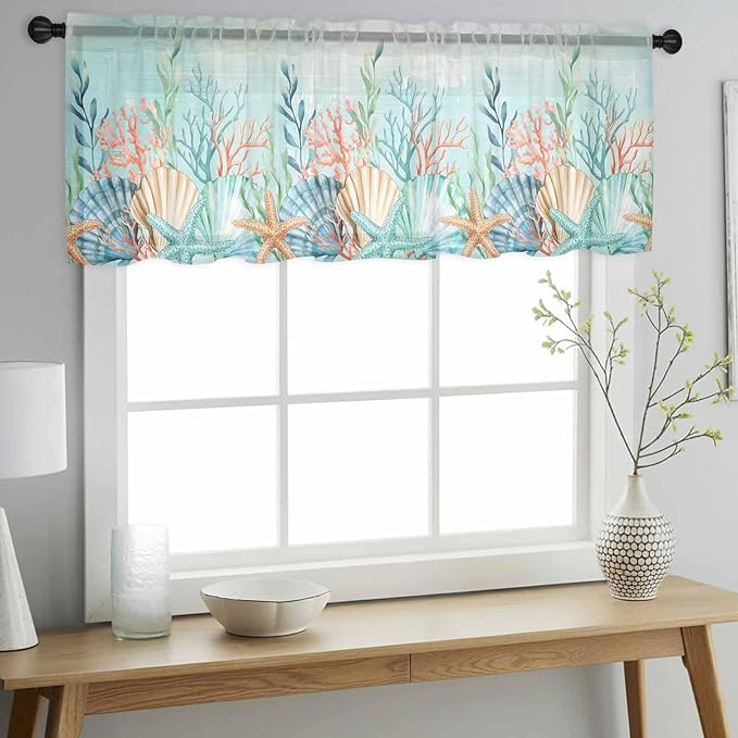 Summer Beach Sheer Valance Curtains, Green Ocean Colorful Coral Shell Seaweed Starfish Light Filtering Kitchen Valances Rod Pocket Voile Curtain Treatment for Bedroom/Living Room/Basement 42Wx18L