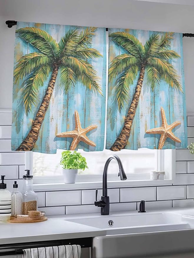 Sheer Curtains 45 Inch Length, Coastal Beach Tree Semi Sheer Curtains Light Filtering Window Treatment, Summer Tropical Starfish Wood Grain Privacy Voile Drapes for Living Room Bedroom 52x45 Inch