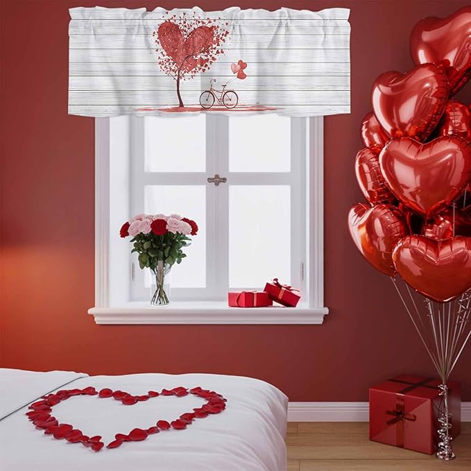 Valentine's Day Valance Curtains for Kitchen, Red Love Trees Bicycles Balloons Wood Grain Privacy Rod Pocket Valance Curtain, Light-Filtering Window Treatment for Bedroom Bathroom, 42"x18"