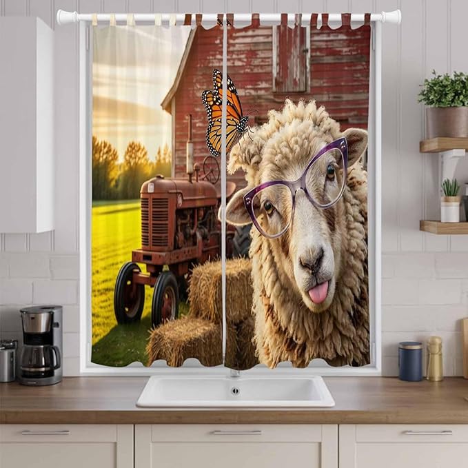Farm Sheep Living Room Curtains 96 Inch Length, Window Curtains Tab Top, Farmhouse Barn Funny Animals Butterfly Light Filtering Window Treatments Drapes 52"x96" 2 Panel
