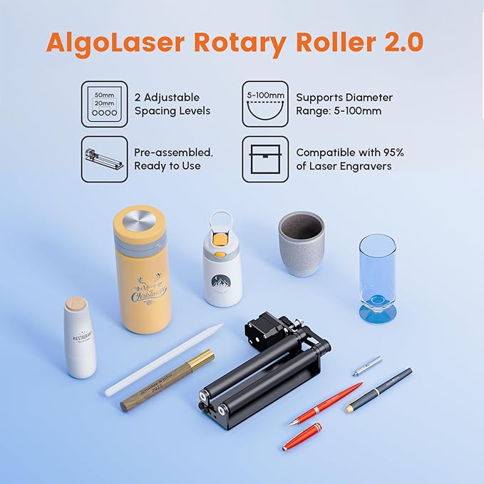 Algolaser Rotary Roller for Pixi Laser Engraver – Y-Axis Rotary Module for Cylindrical Object Engraving – Compatible with LightBurn, LaserGRBL – No Laser Function