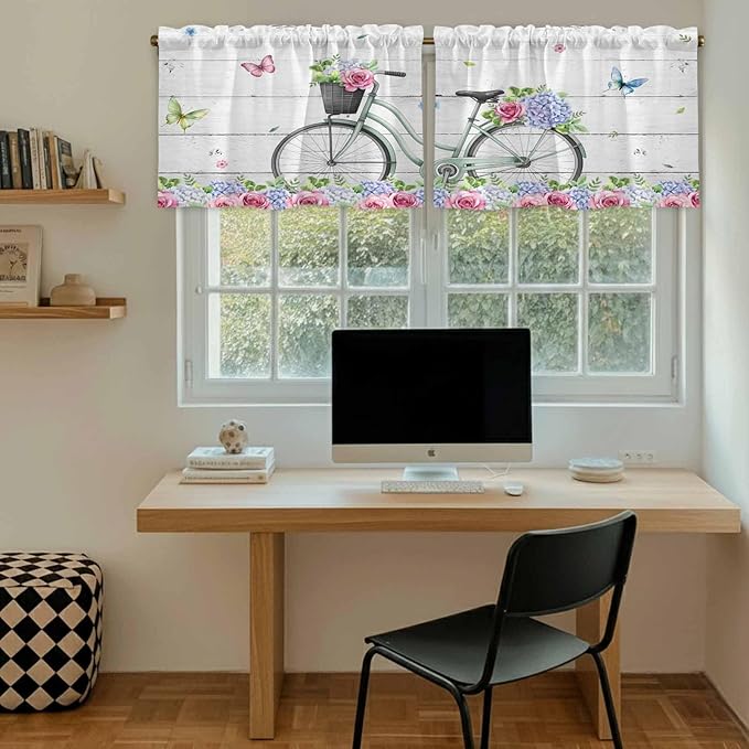 Spring Tier Curtains, Bicycles Botanical Rose Leaves Butterfly Wood Grain Light Filtering Kitchen Curtains, 2Pcs Rod Pocket Half Window Treatments Panels for Sink Cafe Cabinet Camper 27.5x36 Inches