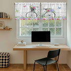 Spring Tier Curtains, Bicycles Botanical Rose Leaves Butterfly Wood Grain Light Filtering Kitchen Curtains, 2Pcs Rod Pocket Half Window Treatments Panels for Sink Cafe Cabinet Camper 27.5x36 Inches