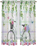 Spring Kitchen Curtains, Bicycles Botanical Leaves Rose Colorful Stripes Light Filtering Window Curtain Panels, 2Pcs Rod Pocket Window Treatments Set for Living Room Bathroom Bedroom 52x72 Inches