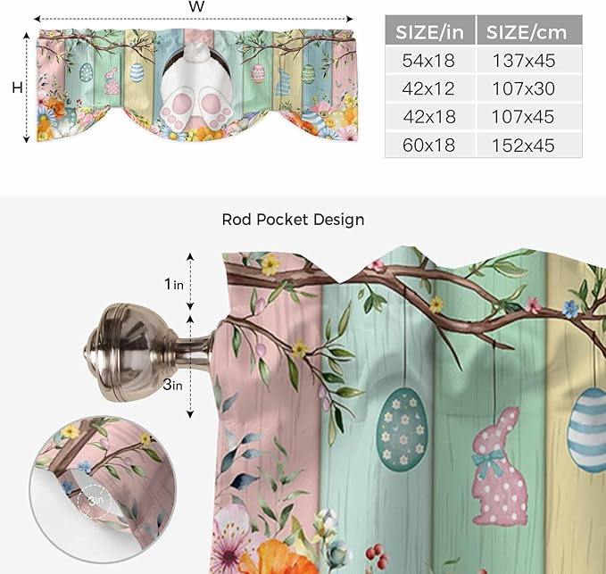 Easter Tie Up Valance Curtains for Windows, Kitchen Curtains Window Shades, Spring Colorful Bunny Eggs Flower Wood Grain Light Filtering Roman Curtain Valances for Bedroom/Bathroom/Cafe 42"x18"