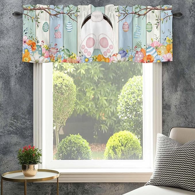Easter Curtain Valances for Windows, Kitchen Valance Window Treatment, Spring Watercolor Bunny Eggs Wood Grain Teal Blue Light Filtering Block Curtains for Bathroom/Bedroom/Living Room 42'' x 18''