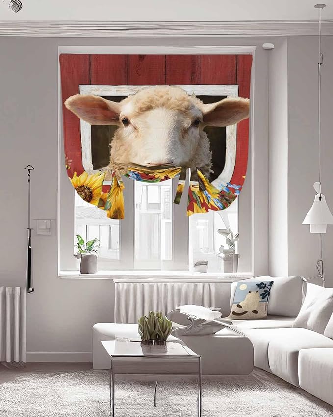 Tie Up Curtains for Windows, Sheep Sunflower Adjustable Balloon Nature Linen Textured Kitchen Curtain, Country Red Farm Barn Spring Flowers Privacy Curtains Balloon Blind for Cafe, 42 x 63 Inches