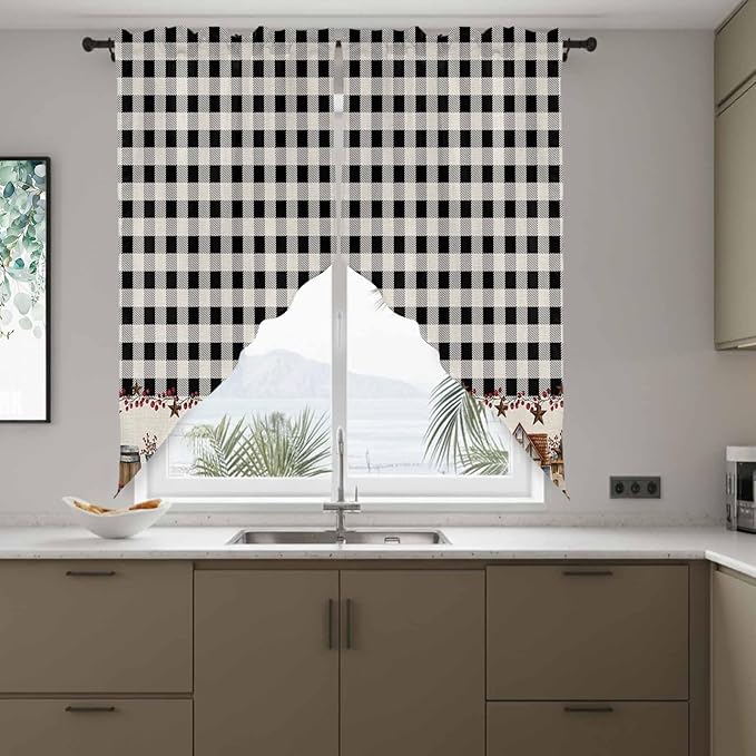 Swag Curtain Valances for Kitchen Windows,Farm Wooden House Black Buffalo Plaid Short Rod Pocket Window Valance,Western Star Swag Topper for Bedroom Living Room,2 Panels 28x36in
