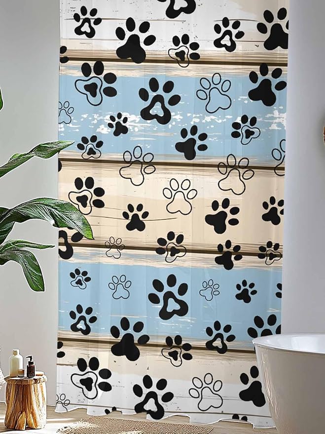 Sheer Curtains 108 Inches Long, Blue Beige Paw Print Semi Sheer Curtains Light Filtering Window Treatment, Vintage Farmhouse Rustic Wooden Grain Privacy Voile Drapes for Living Room 52x108 Inch