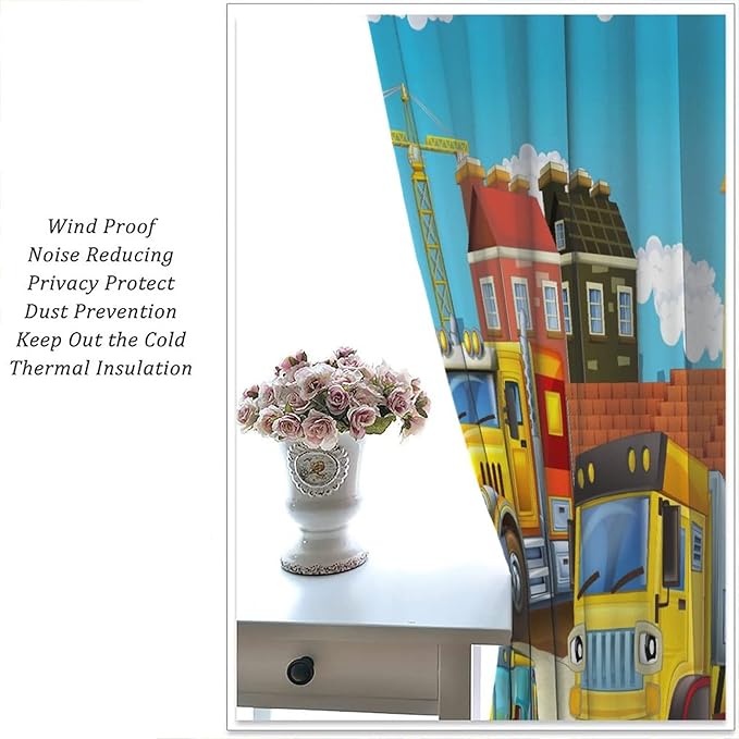 Kids Cartoon Construction Window Curtains, Funny Construction Site Cars and Helicopter Rod Pocket Decorative Windows Curtain for Children Teens Room Decor 42x45in (30% Blackout)