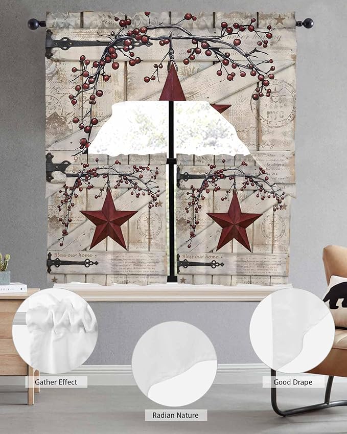 Village Stars Swag Kitchen Curtains Valance and Tier Set, Vintage Dark Red Star Berry Beige Barn Doors Light-Filtering Swag Valance 36 Inch Length, Rod Pocket Short Curtain for Bedroom Cafe