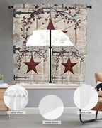 Village Stars Swag Kitchen Curtains Valance and Tier Set, Vintage Dark Red Star Berry Beige Barn Doors Light-Filtering Swag Valance 36 Inch Length, Rod Pocket Short Curtain for Bedroom Cafe