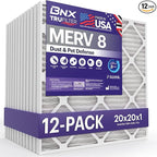 BNX TruFilter 20x20x1 Air Filter MERV 8 (12-Pack) - MADE IN USA – Dust & Pet Defense Electrostatic Pleated Air Conditioner HVAC AC Furnace Filters for Dust, Pet, Mold, Pollen MPR 600 – 700 & FPR 5
