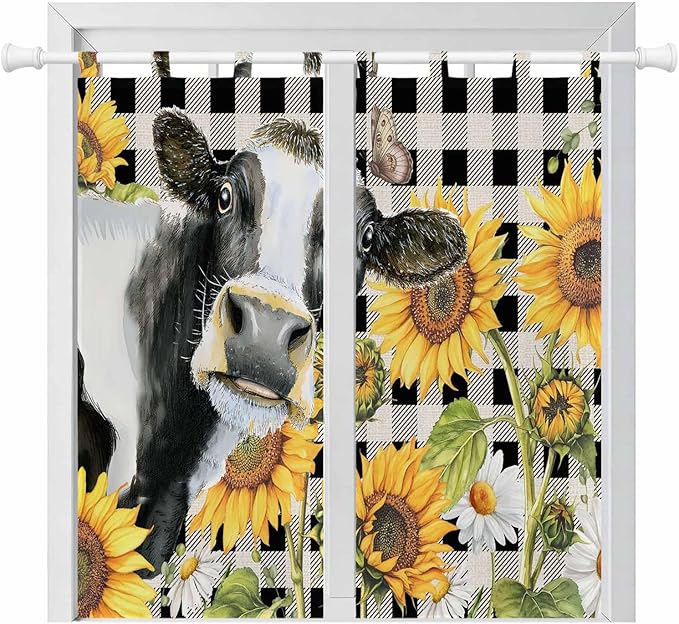 Retro Sunflowers Bedroom Curtains 72 Inch Length, Window Curtains Tab Top, Farmhouse Floral Cow Butterfly Black Plaid Light Filtering Window Treatments Drapes 52"x72" 2 Panel
