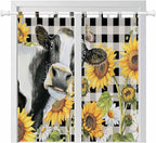 Retro Sunflowers Bathroom Curtains 63 Inch Length, Window Curtains Tab Top, Farmhouse Floral Cow Butterfly Black Plaid Light Filtering Window Treatments Drapes 52"x63" 2 Panel