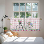 Spring Tier Curtains, Bicycles Leaves Butterfly Flowers Pink Buffalo Plaid Light Filtering Kitchen Curtains, 2Pcs Rod Pocket Half Window Treatments Panels for Sink Cafe Cabinet Camper 27.5x36 Inches