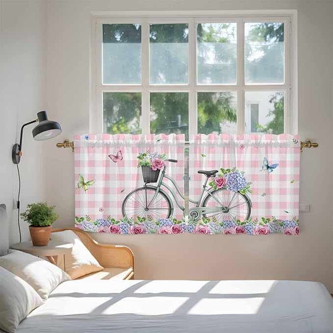 Spring Tier Curtains, Bicycles Leaves Butterfly Flowers Pink Buffalo Plaid Light Filtering Kitchen Curtains, 2Pcs Rod Pocket Half Window Treatments Panels for Sink Cafe Cabinet Camper 27.5x36 Inches