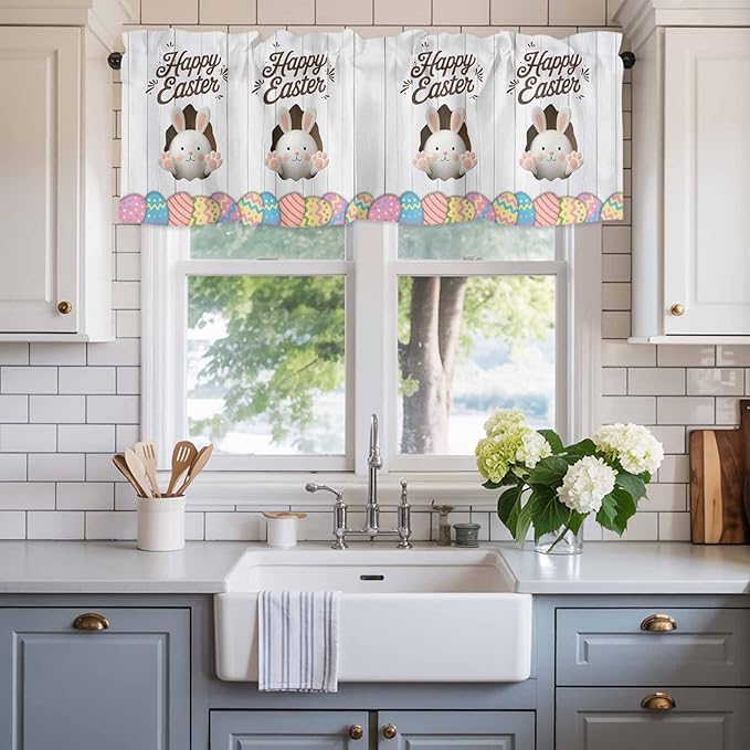 Grey Easter Curtain Valances for Windows, Kitchen Valance Window Treatment, Spring Cartoon Bunny Colorful Eggs Wood Grain Light Filtering Block Curtains for Bathroom/Bedroom/Living Room 42'' x 12''