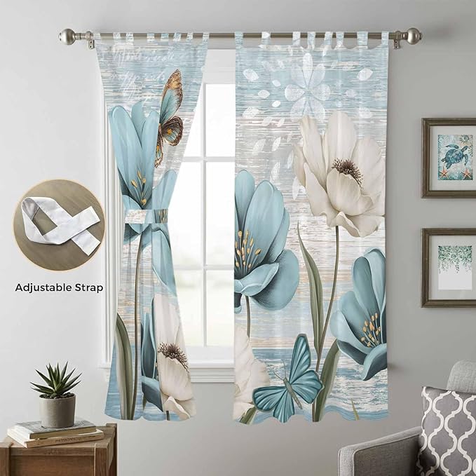 Spring Floral Living Room Curtains 96 Inch Length, Window Curtains Tab Top, Vintage Tulips Flower Butterfly Retro Wood Blue Light Filtering Window Treatments Drapes 52"x96" 2 Panel