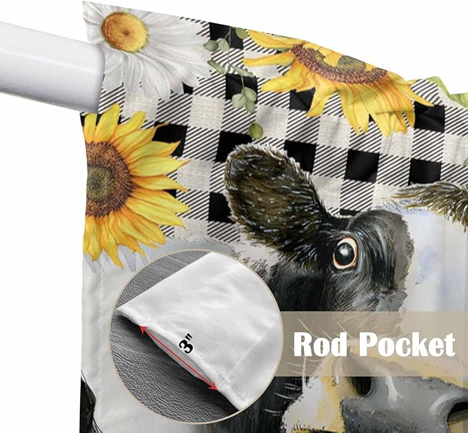 Retro Sunflowers Swag Valances for Windows, Farmhouse Floral Cow Butterfly Black Plaid Rod Pocket Kitchen Curtains Valance, Small Window Curtains Swag for Cafe Living Room, 2 Panels, 28x36 inch