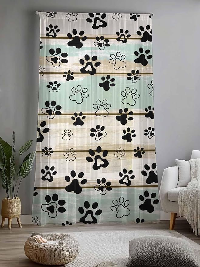Sheer Curtains 96 Inches Long, Sage Green Beige Farmhouse Semi Sheer Curtains Light Filtering Window Treatment, Black Dog Paw Vintage Wooden Privacy Voile Drapes for Living Room Bedroom 52x96 Inch