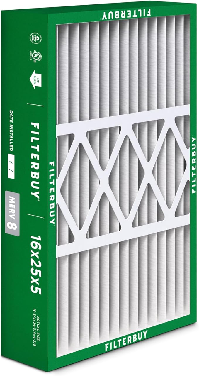 Filterbuy 16x25x5 Air Filter MERV 8 Essential Dust & Allergy Defense (2-Pack), Pleated HVAC AC Furnace Filters for Honeywell FC100A1029, Lennox X6670, and More (Actual Size: 15.75 x 24.75 x 4.38)