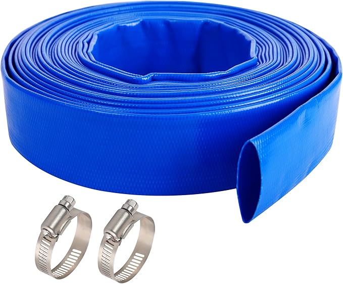 1" x 100 FT Pool Backwash Hose, Blue Heavy Duty Reinforced PVC Lay Flat Water Discharge Hose for Swimming Pool Filter Pump,with 2 Clamp