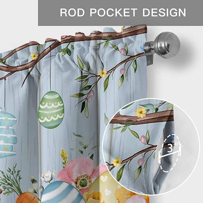 Easter Curtain Valances for Windows, Kitchen Valance Window Treatment, Spring Watercolor Bunny Eggs Flower Wood Grain Blue Light Filtering Block Curtains for Bathroom/Bedroom/Living Room 60'' x 18''