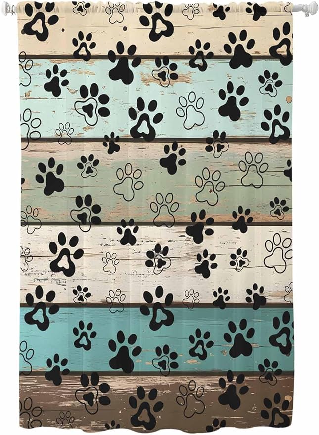 Sheer Curtains 63 Inch Length, Sage Green Brown Paw Prints Semi Sheer Curtains Light Filtering Window Treatment, Vintage Farmhouse Wooden Grain Privacy Voile Drapes for Living Room Bedroom 52x63 Inch