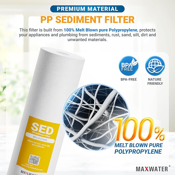 Max Water 5 Micron 20 x 4.5 Sediment Filter 20 inch Whole House BB Water Filteration System Replacement Compatible Cartridge DGD-5005-20, FP25B, AP810-6, FPMB5-20, P5-20, 155358-43, 6 Pack