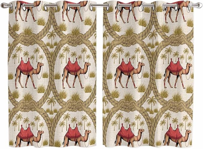 2 Panel Kitchen Cafe Curtains, Camels Palm Trees Sunlight Filtering Nature Air Through, Window Decor Tier Curtains for Living Room 104W x 72L inch Desert Date Coconut Trees Leaves Cords Beige