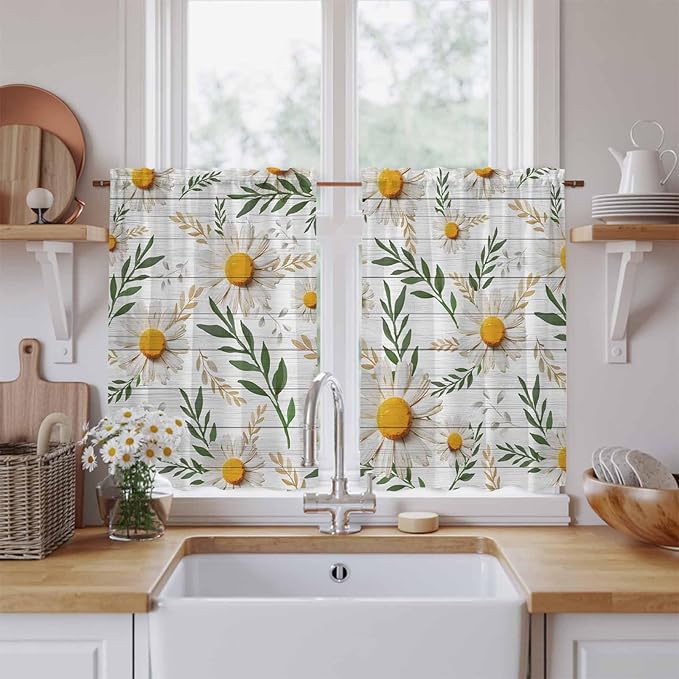 Spring Daisy Tier Curtains, Farmhouse Country Flower Leaf Plant Wood Grain Light Filtering Kitchen Curtains, 2Pcs Rod Pocket Half Window Treatments Panels for Sink Cafe Cabinet Basement 27.5x45 Inches