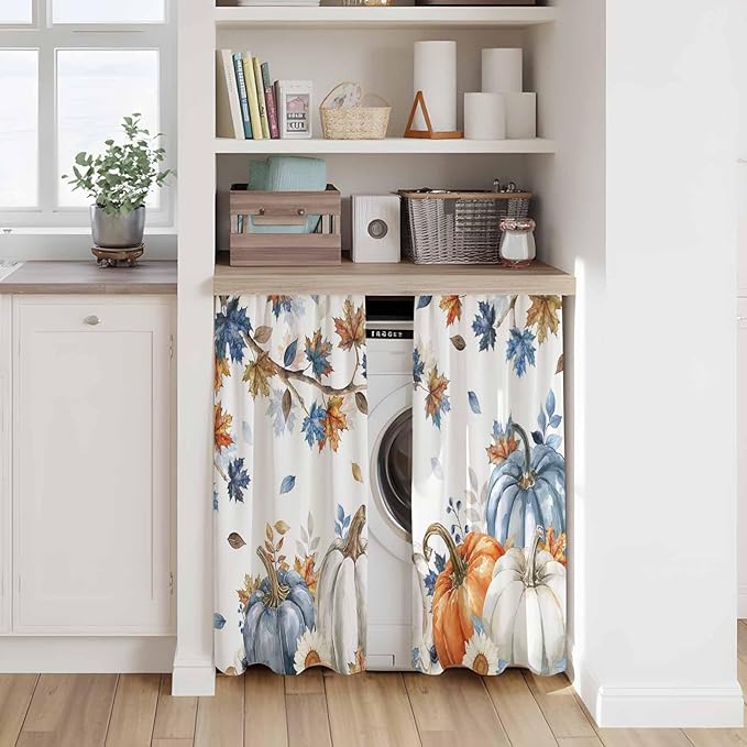 Navy Blue Pumpkin Fall Kitchen Curtains 45 Inch Long 2 Panel Set,Rod Pocket Window Treatment,Thanksgiving Maple Leaves Branches Light Filtering Short Curtains & Drapes for Bathroom Laundry 52"W x 45"L