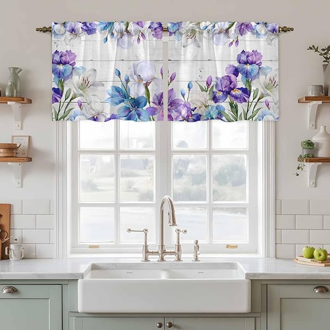 Spring Flowers Tier Curtains, Watercolor Garden Florals Wooden Grain Light Filtering Kitchen Curtains, 2Pcs Rod Pocket Half Window Treatments Panels for Sink Cafe Cabinet Camper 27.5x36 Inches