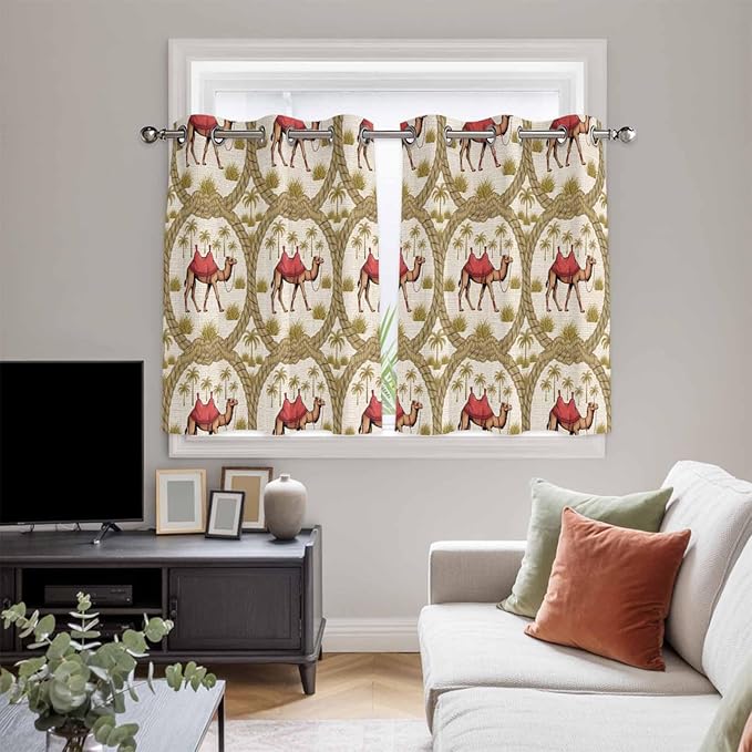 2 Panel Kitchen Cafe Curtains, Camels Palm Trees Sunlight Filtering Nature Air Through, Window Decor Tier Curtains for Living Room 104W x 52L inch Desert Date Coconut Trees Leaves Cords Beige