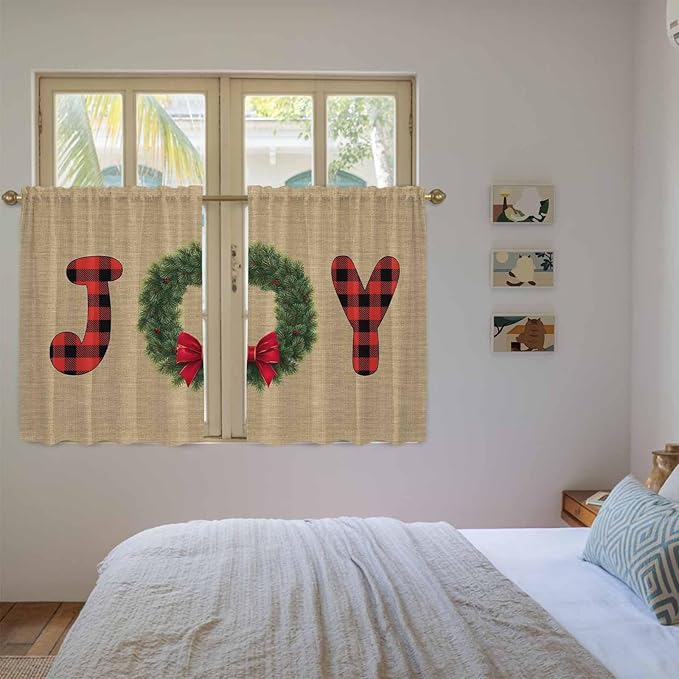 Red Green Christmas Kitchen Curtains 45 Inch Long 2 Panel Set, Rod Pocket Window Treatment, Xmas Botanical Winter Farmhouse Light Filtering Short Curtains & Drapes for Bathroom Laundry 52"W x 45"L