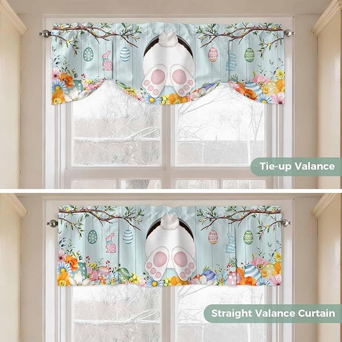 Easter Bunny Tie Up Valance Curtains for Windows, Kitchen Curtains Window Shades, Easter Eggs Spring Farmhouse Wood Grain Teal Blue Light Filtering Curtain Valances for Bedroom/Bathroom/Cafe 60"x18"