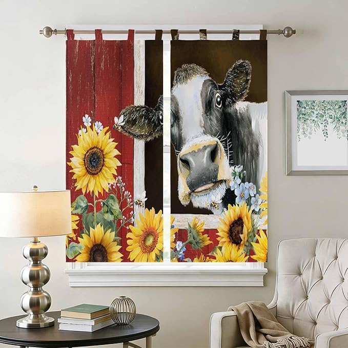 Cows Sunflowers Bathroom Curtains 63 Inch Length, Window Curtains Tab Top, Rustic Farms Barns Flowers Bees Animals Light Filtering Window Treatments Drapes 52"x63" 2 Panel