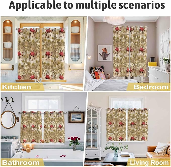 2 Panel Kitchen Cafe Curtains, Desert Camels Sunlight Filtering Nature Air Through, Home Decor Window Covering Tier Curtains for Bedroom Living Room Tropical Palm Trees Sand Cords Brown