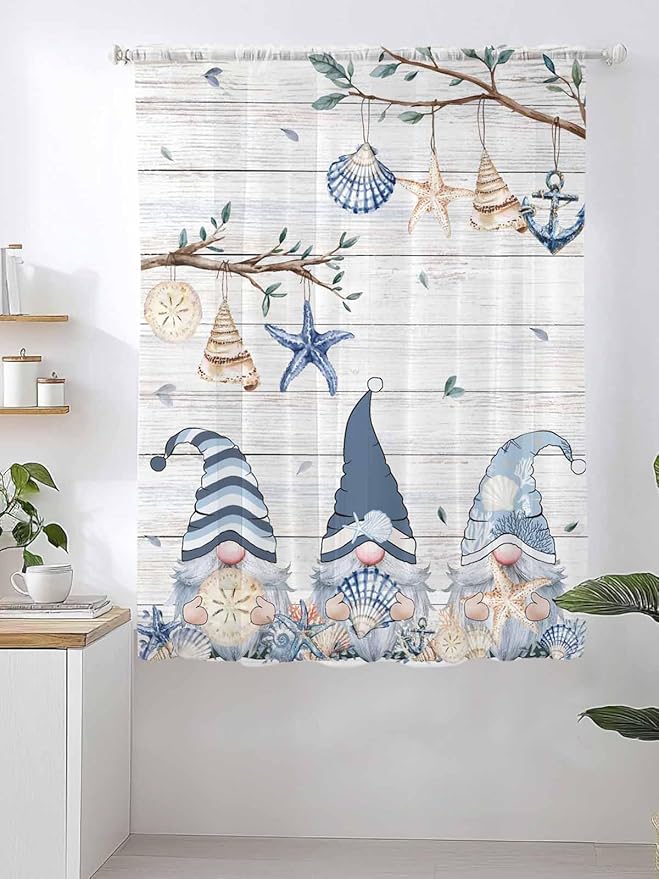 Sheer Curtains 63 Inch Length, Coastal Eucalyptus Semi Sheer Curtains Light Filtering Window Treatment, Ocean Blue Gnomes Starfish Leaf Wood Grain Privacy Voile Drapes for Living Room 52x63 Inch